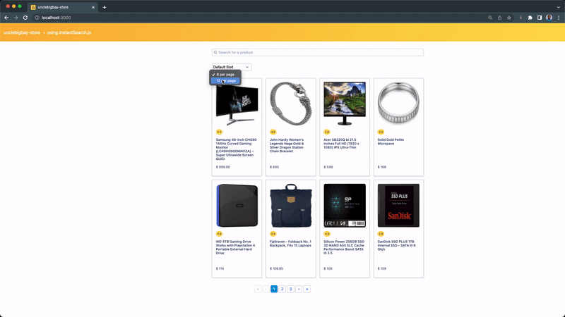 demonstrating per page display by instantsearch and typesense