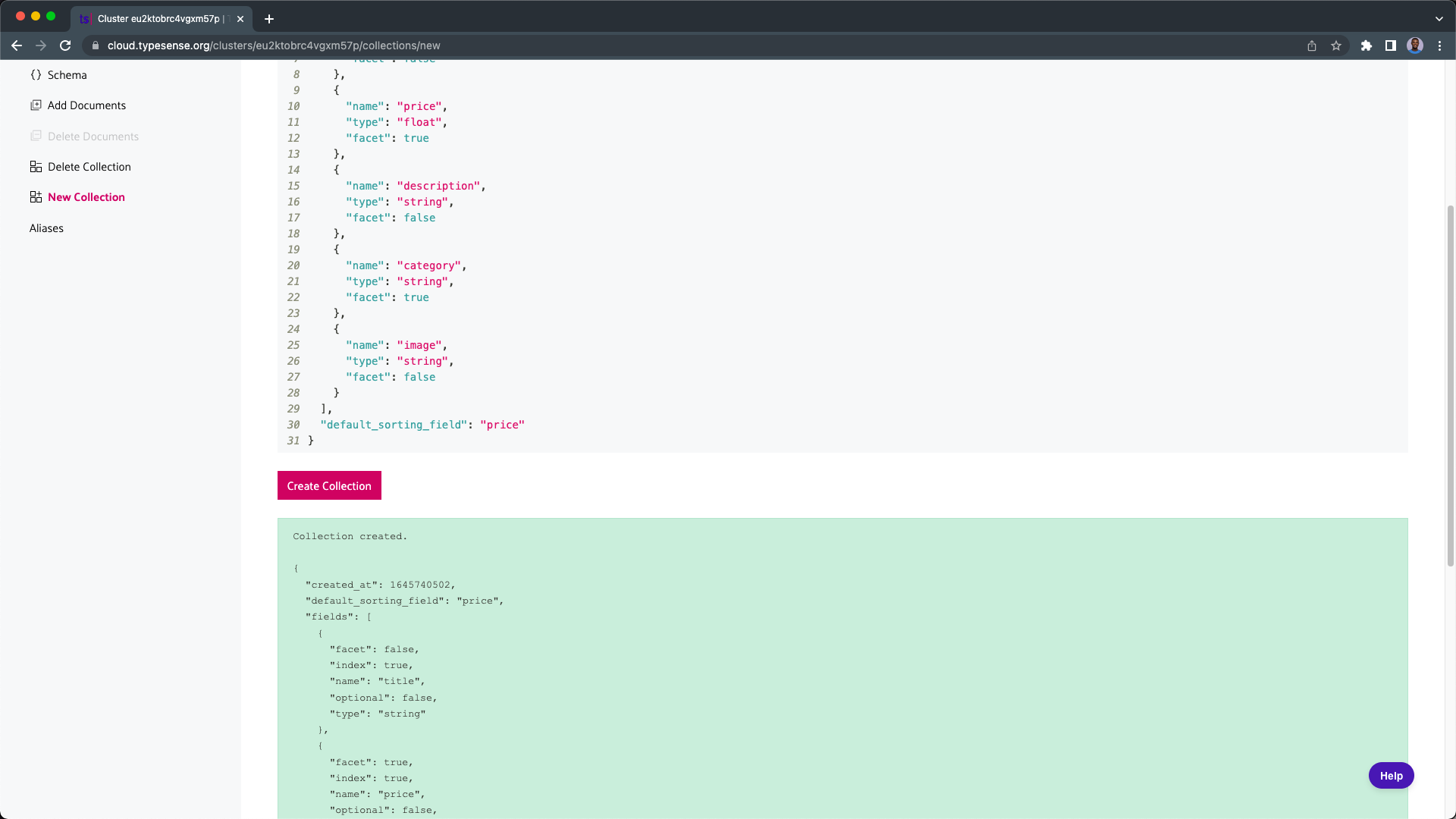 creating collection on typesense